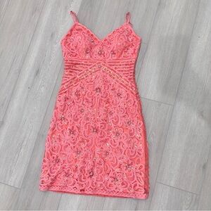 Sue Wong Coral Embellished Mini Dress
